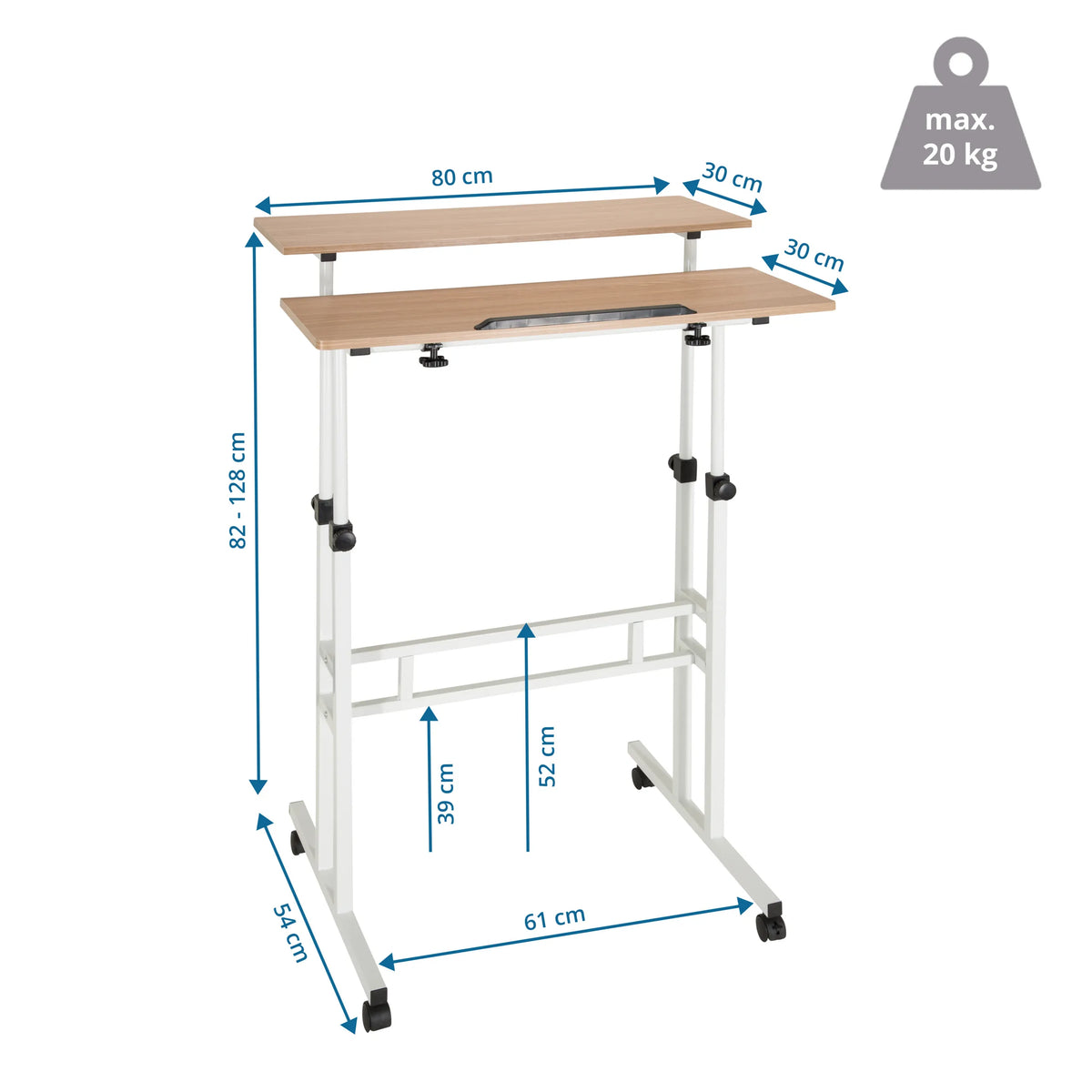 Måttskiss av Ståskrivbord WORKSTATION I med 80 × 61 cm och en belastningskapacitet på 20 kg från hjh OFFICE