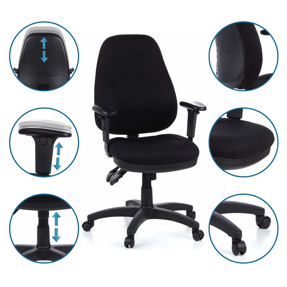 Professionell kontorsstol ZENIT PRO i svart med olika detaljvyer av inställningsmöjligheterna från hjh OFFICE