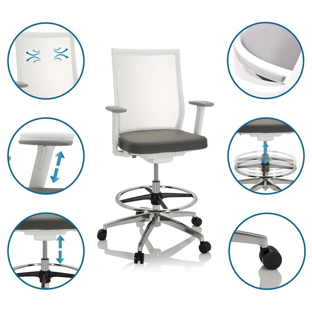 Grå Bardiskstol ASPEN WORK W med fotring, hjul och andningsbart ryggstöd från hjh OFFICE