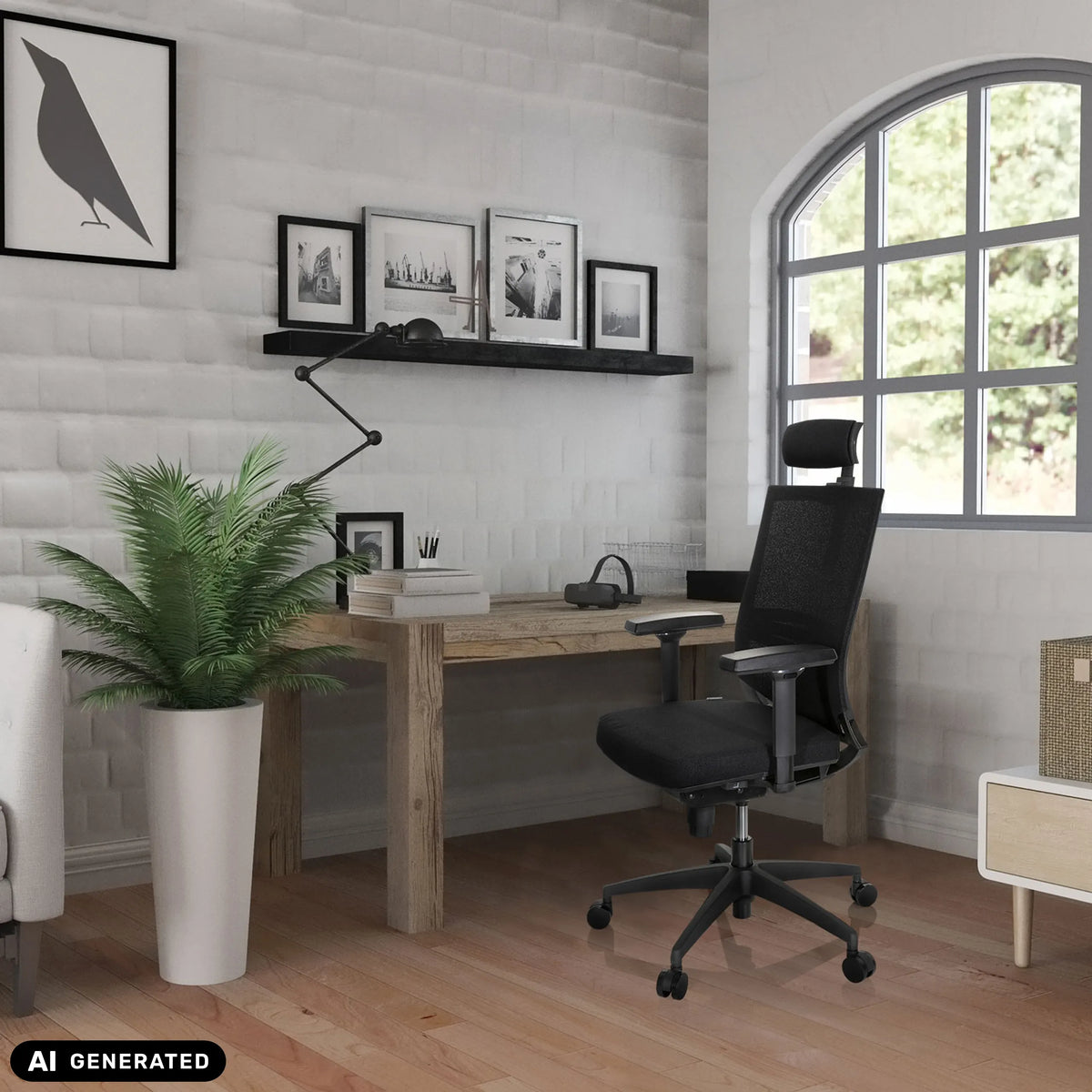 Professionell kontorsstol PORTO MAX HIGH I i svart vid ett träbord i ett hemkontor från hjh OFFICE (AI-genererad bild)