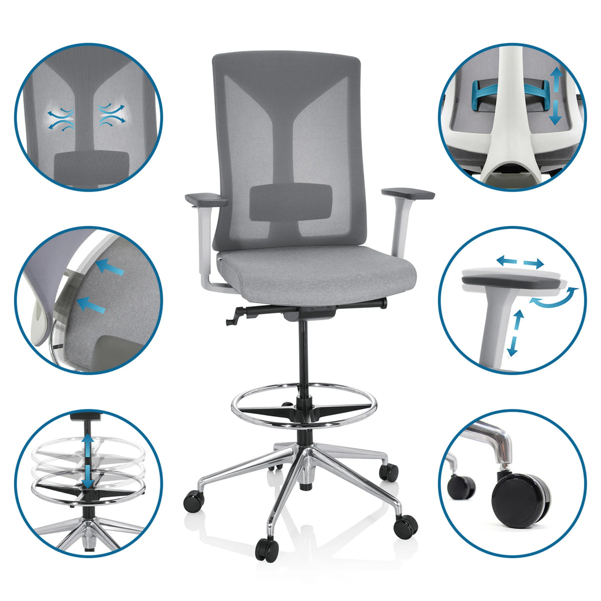 Grå bardiskstol HALIFAX WORK med justerbara armstöd, fotring och hjul från hjh OFFICE