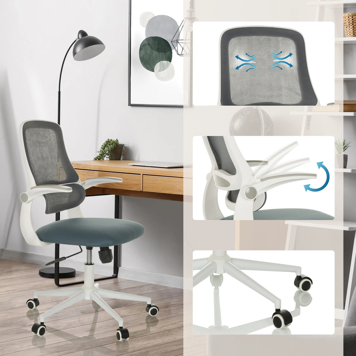 Home Office kontorsstol MIKO W ECO i grått med andningsbart nätryggstöd, justerbara armstöd och hjul från hjh OFFICE