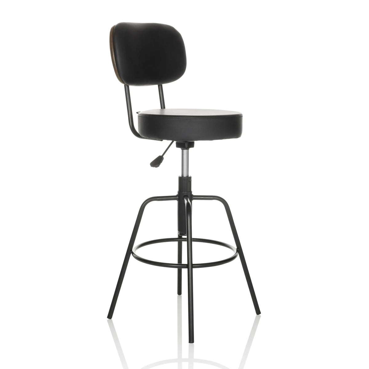 Svart Barstol DISC HIGH med ryggstöd och rund fotring från hjh OFFICE – 360-gradersvy (snett framifrån 45°)