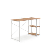 Skrivbord Easy Up2 i vitt och ek med integrerad hylla och X-stag från hjh LIVING – 360-gradersvy (snett framifrån 45°)