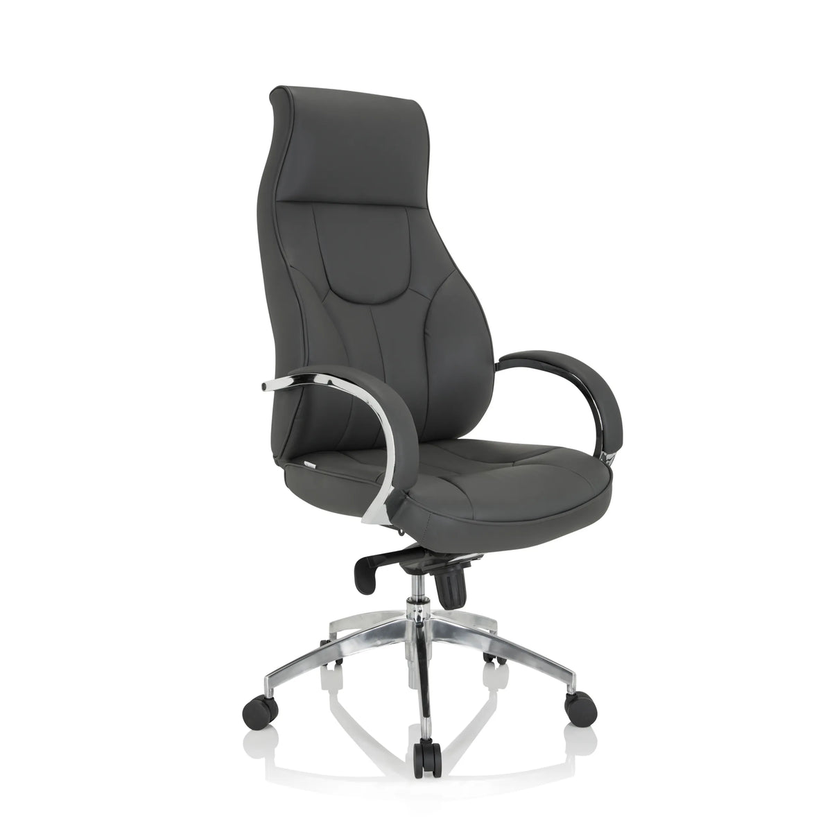 Grå professionell chefsfåtölj ELEGANCE I med armstöd och blankt femstjärnigt underrede med fem hjul från hjh OFFICE – 360-gradersvy (snett framifrån 40°)
