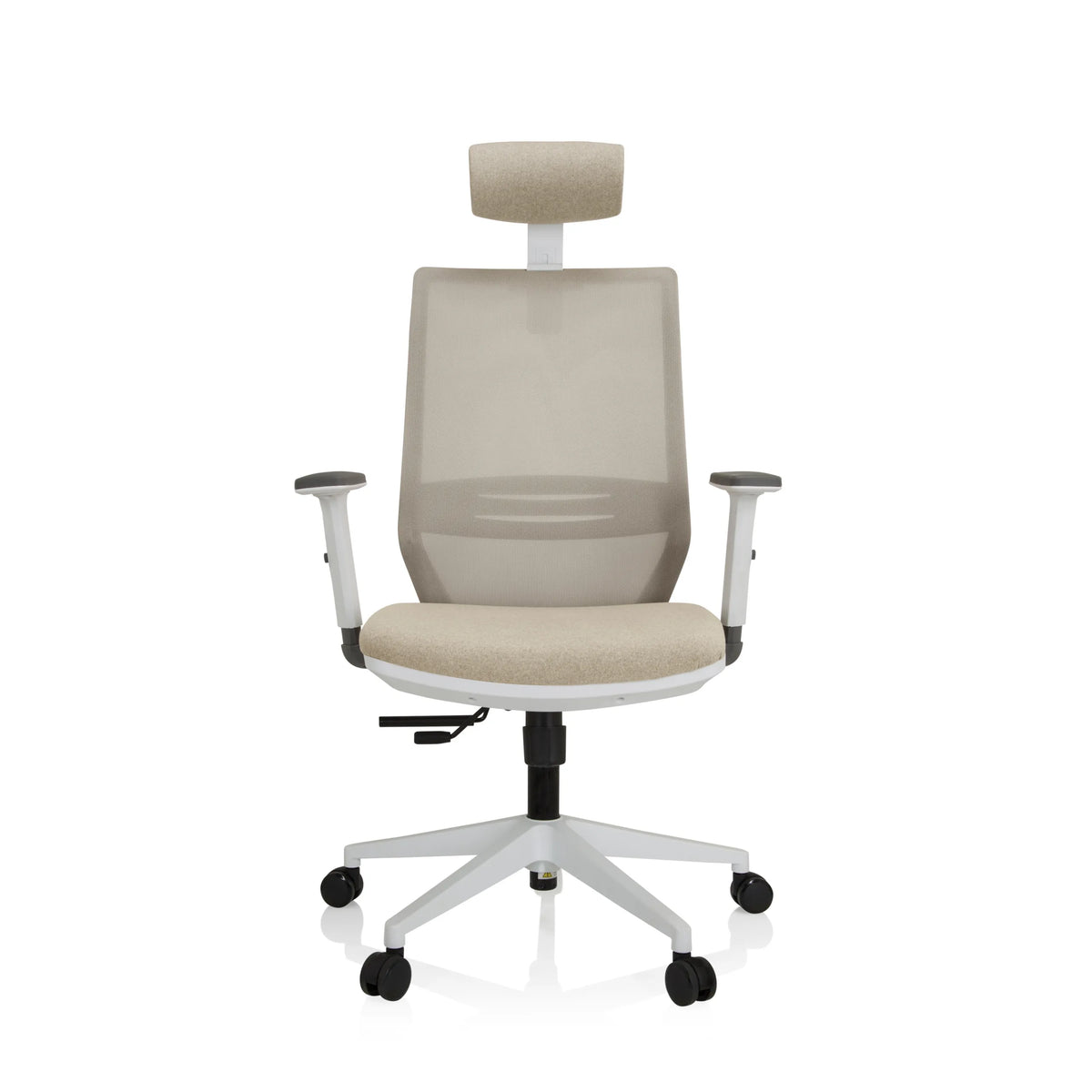 Beige Professionell kontorsstol PROFONDO PRO W med nätrygg, nackstöd och vitt femstjärnigt underrede från hjh OFFICE – 360-gradersvy (framifrån 0°)