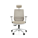 Beige Professionell kontorsstol PROFONDO PRO W med nätrygg, nackstöd och vitt femstjärnigt underrede från hjh OFFICE – 360-gradersvy (framifrån 0°)