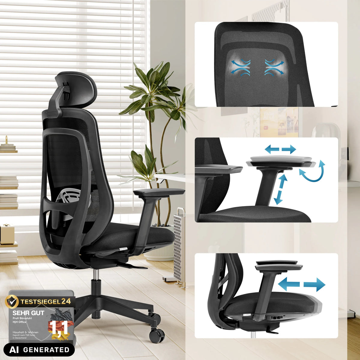 Professionell kontorsstol Vivadapt med justerbart nackstöd och 3D-armstöd från hjh OFFICE (AI-genererad bild)