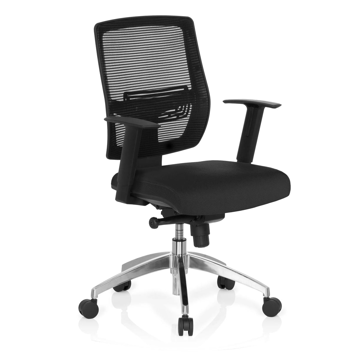 Svart Professionell kontorsstol NET 90 med nätrygg och femstjärnig fotkorsbas med hjul från hjh OFFICE – 360-gradersvy (snett framifrån 40°)