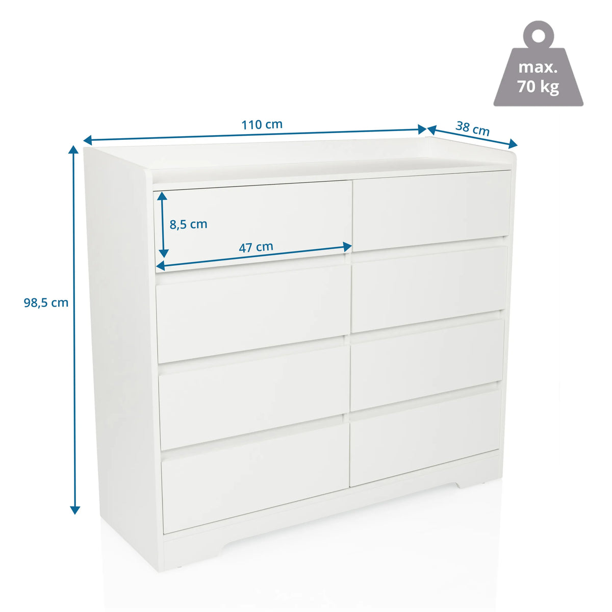 Måttskiss av Byrå OSOYRO med 110 × 98,5 cm och en belastningskapacitet på 70 kg från hjh LIVING