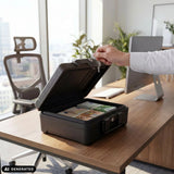 Öppnat Safe Compact Slim kassaskåp i svart med buntar av pengar på ett skrivbord från hjh OFFICE (AI-genererad bild)