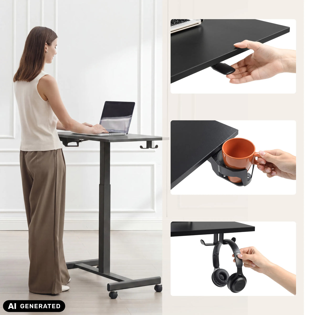 Svart Stand K ståskrivbord med mugghållare och hörlurskrok från hjh OFFICE (AI-genererad bild)
