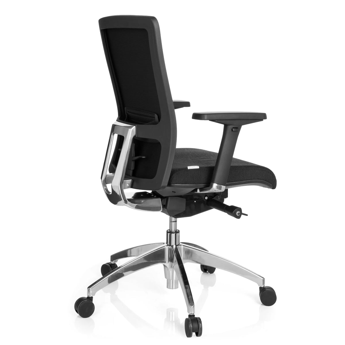 Svart Professionell kontorsstol ASTRA BASE med armstöd och femhjulig fotkorsbas från hjh OFFICE – 360-gradersvy (snett bakifrån 120°)