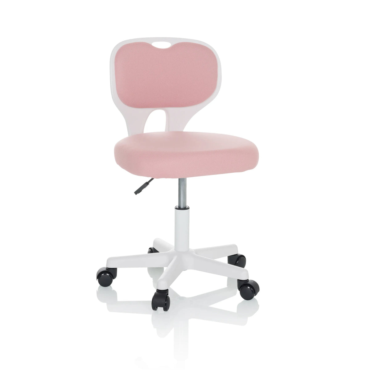 Rosa Snurrstol för barn KIDDY TOP W med vit ram och femhjulig bas från hjh OFFICE – 360-gradersvy (framifrån 15°)
