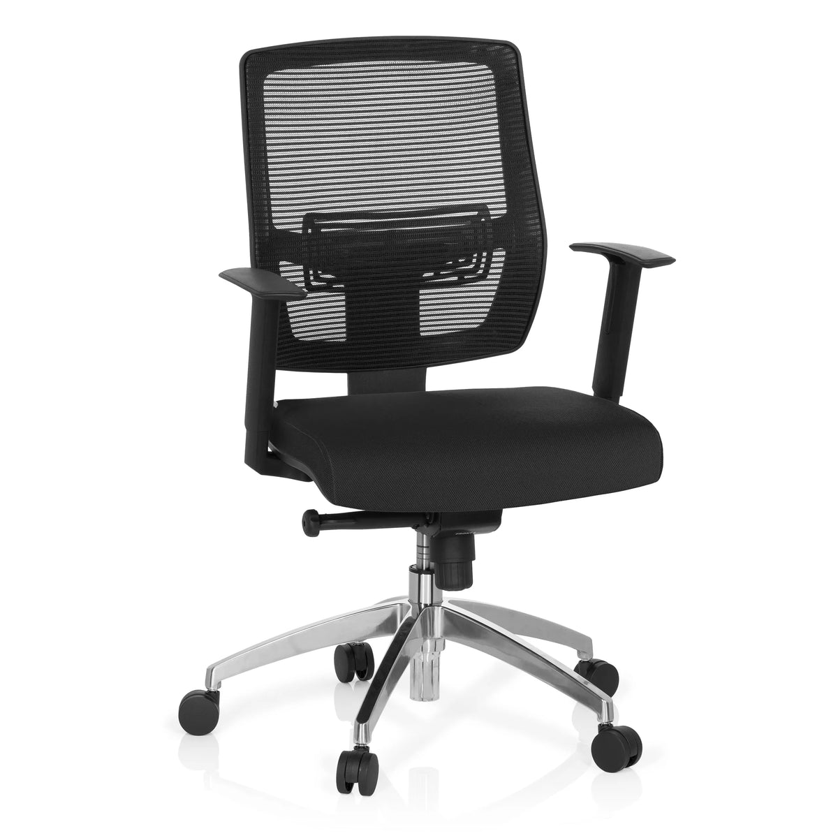 Svart Professionell kontorsstol NET 90 med nätrygg och femstjärnig fotkorsbas med hjul från hjh OFFICE – 360-gradersvy (framifrån 20°)