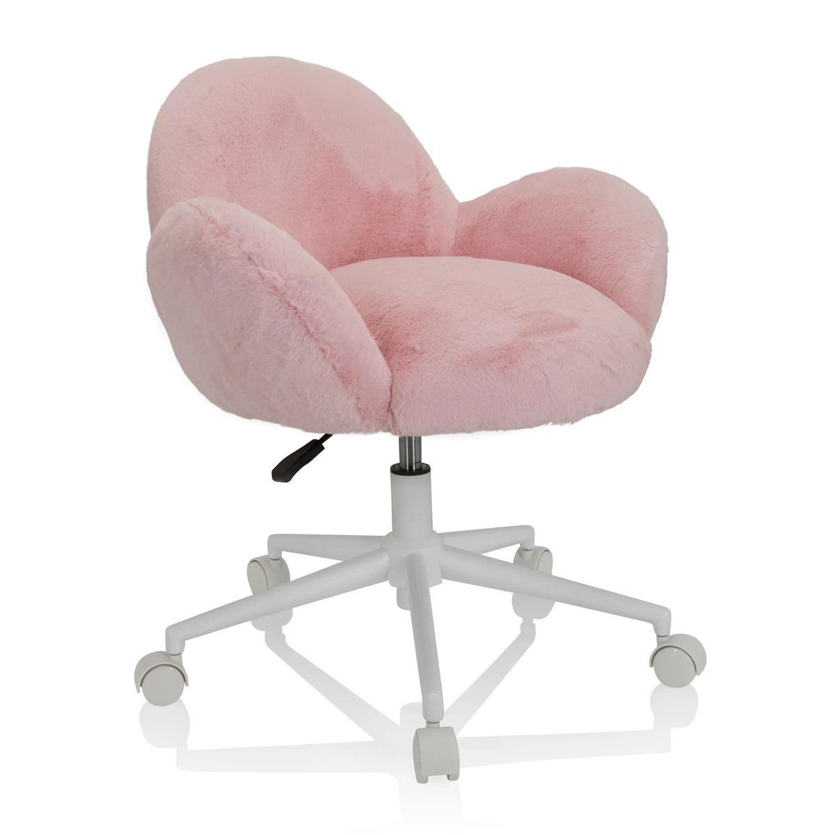 Rosa Snurrstol för barn KID TEDDY med fluffigt överdrag och vitt femstjärnigt underrede med hjul från hjh OFFICE – 360-gradersvy (snett framifrån 40°)