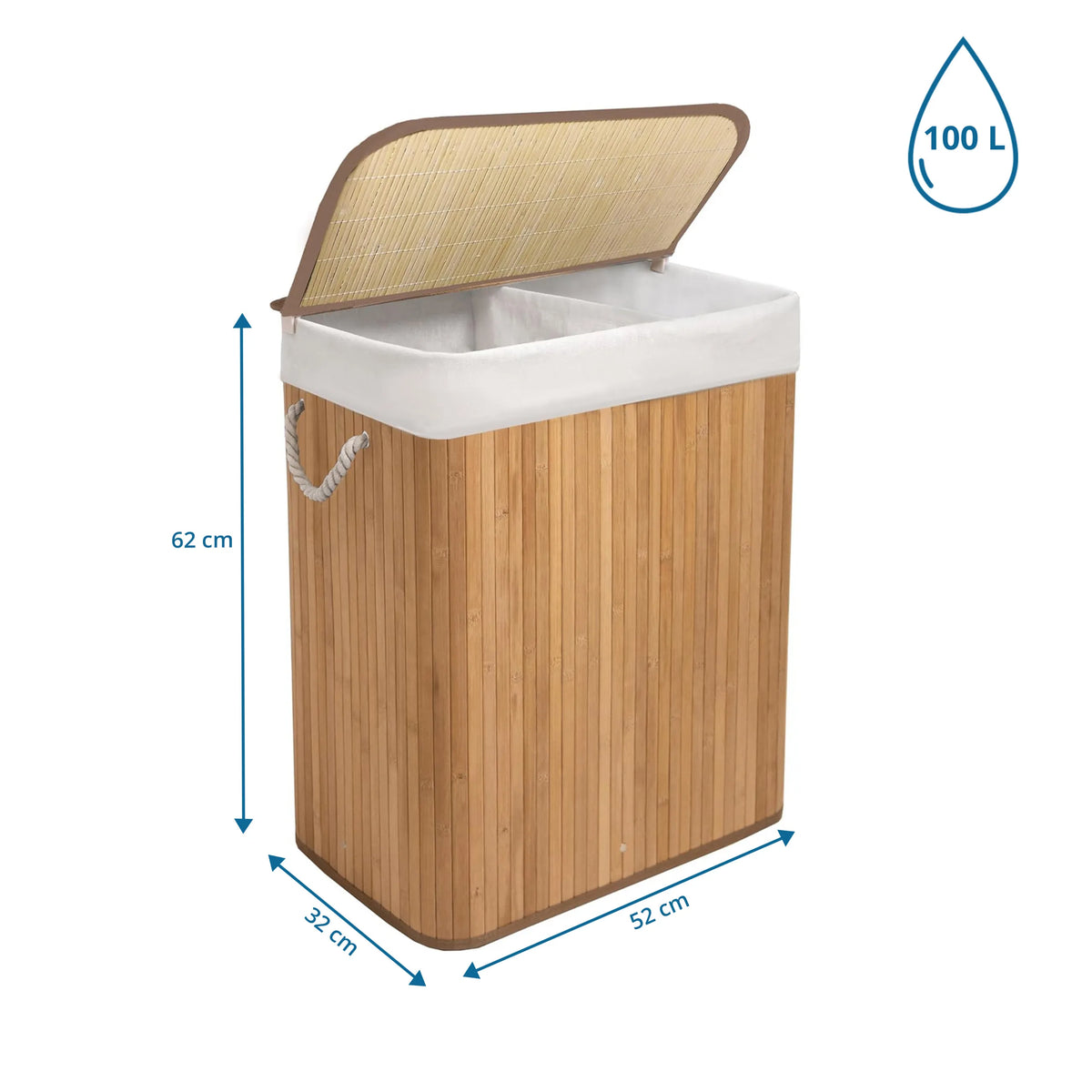 Måttskiss av Tvättkorg FALSTER XL B med 62 x 52 x 32 cm och 100 L kapacitet från hjh LIVING