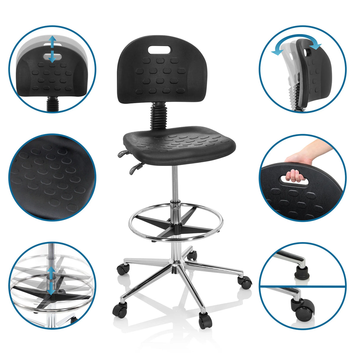 Funktioner för bardiskstolen TOP WORK 23 I med justerbart ryggstöd och fotring i svart från hjh OFFICE