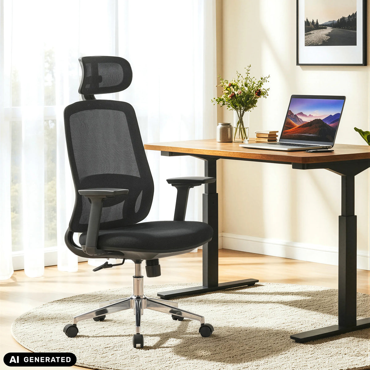 Svart professionell kontorsstol Ergosento med nackstöd vid ett skrivbord från hjh OFFICE (AI-genererad bild)