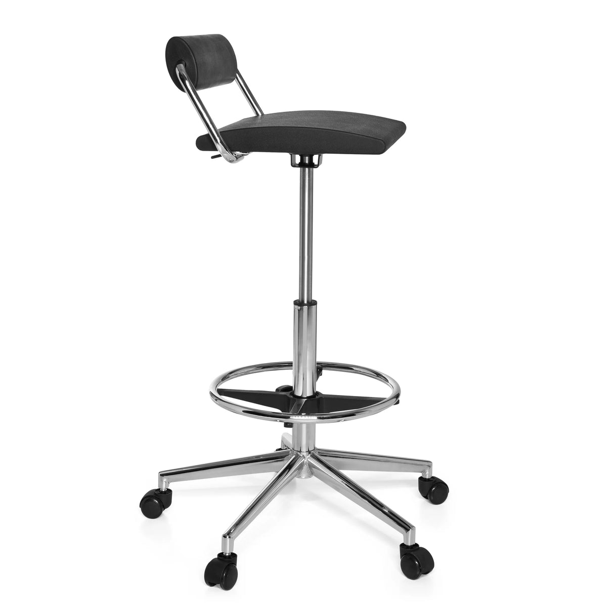 Svart Svängbar stol TOP WORK 28 med fotring och femhjulig fotkorsbas från hjh OFFICE – 360-gradersvy (sidoprofil 80°)