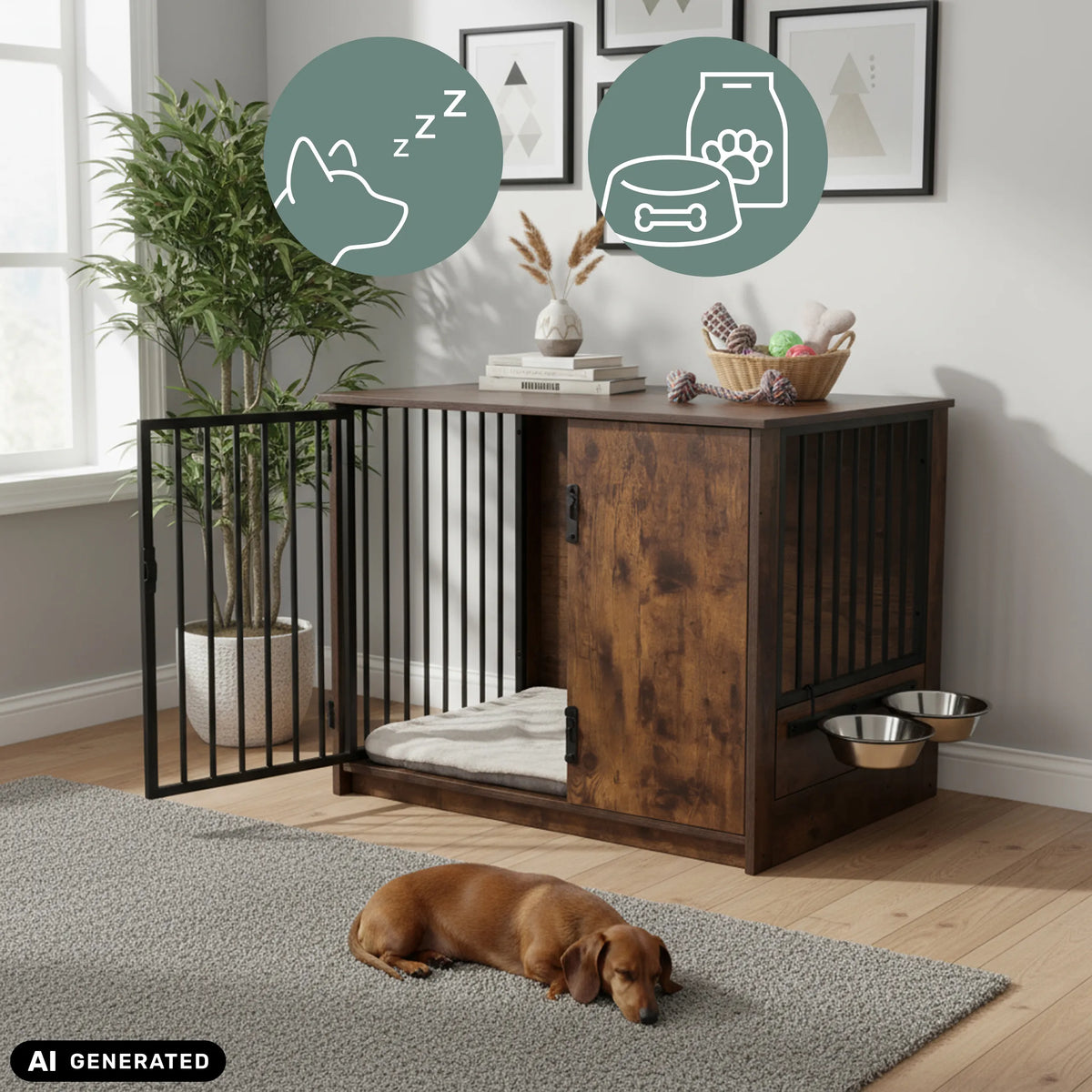 Brunt PAWHOME S hundbur med integrerade skålar och gallerdörr från hjh LIVING (AI-genererad bild)