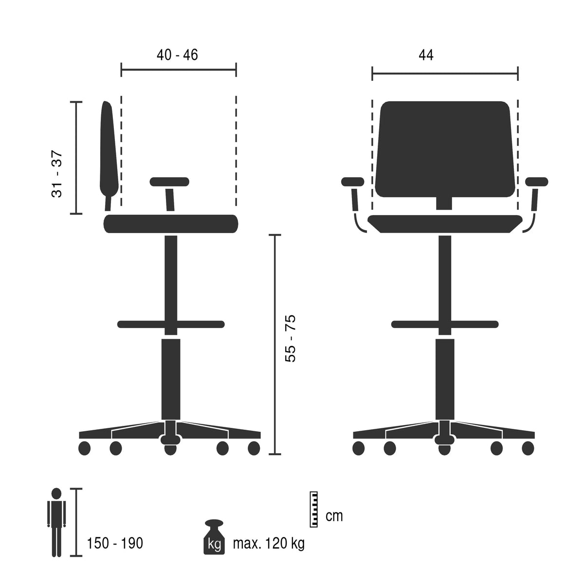 Teknisk ritning av Arbetsstol TOP WORK 40 med en maximal belastningskapacitet på 120 kg från hjh OFFICE