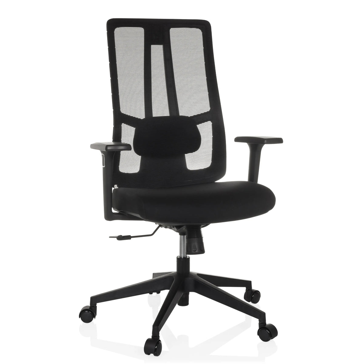 Svart Professionell kontorsstol TRAMORE BASE med nätrygg och femkorsfot med hjul från hjh OFFICE – 360-gradersvy (framifrån 15°)