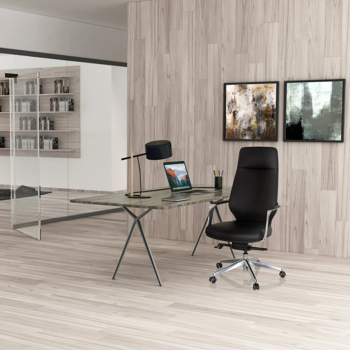 Professionell chefsfåtölj VELVET i svart med högt ryggstöd och hjul från hjh OFFICE
