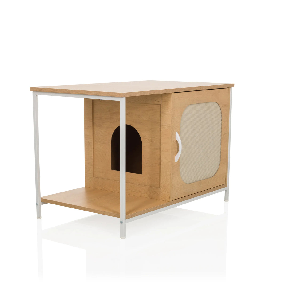 Vitt Katthus KITTYHOME 1 med en öppen hylla och ett skåp med tygdörr från hjh LIVING – 360-gradersvy (snett framifrån 45°)