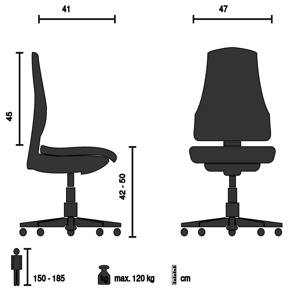 Teknisk ritning av Home Office kontorsstol CASLA med en sitthöjd på 42-50 cm från hjh OFFICE