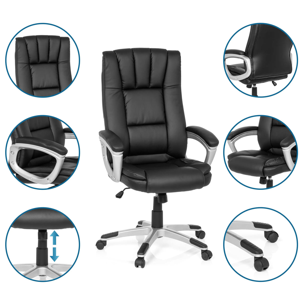 Svart Home Office kontorsstol RELAX CL150 med detaljvyer av ryggstöd, armstöd och gasfjäder från MyBuero