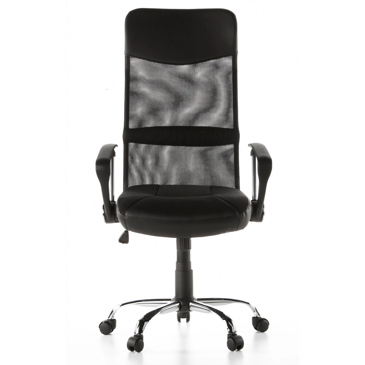 Schwarzer Homeoffice Chefsessel ARTON 20 mit Netzrücken und Fußkreuz mit fünf Rollen von hjh OFFICE – 360-Grad-Ansicht (Frontansicht 0°)