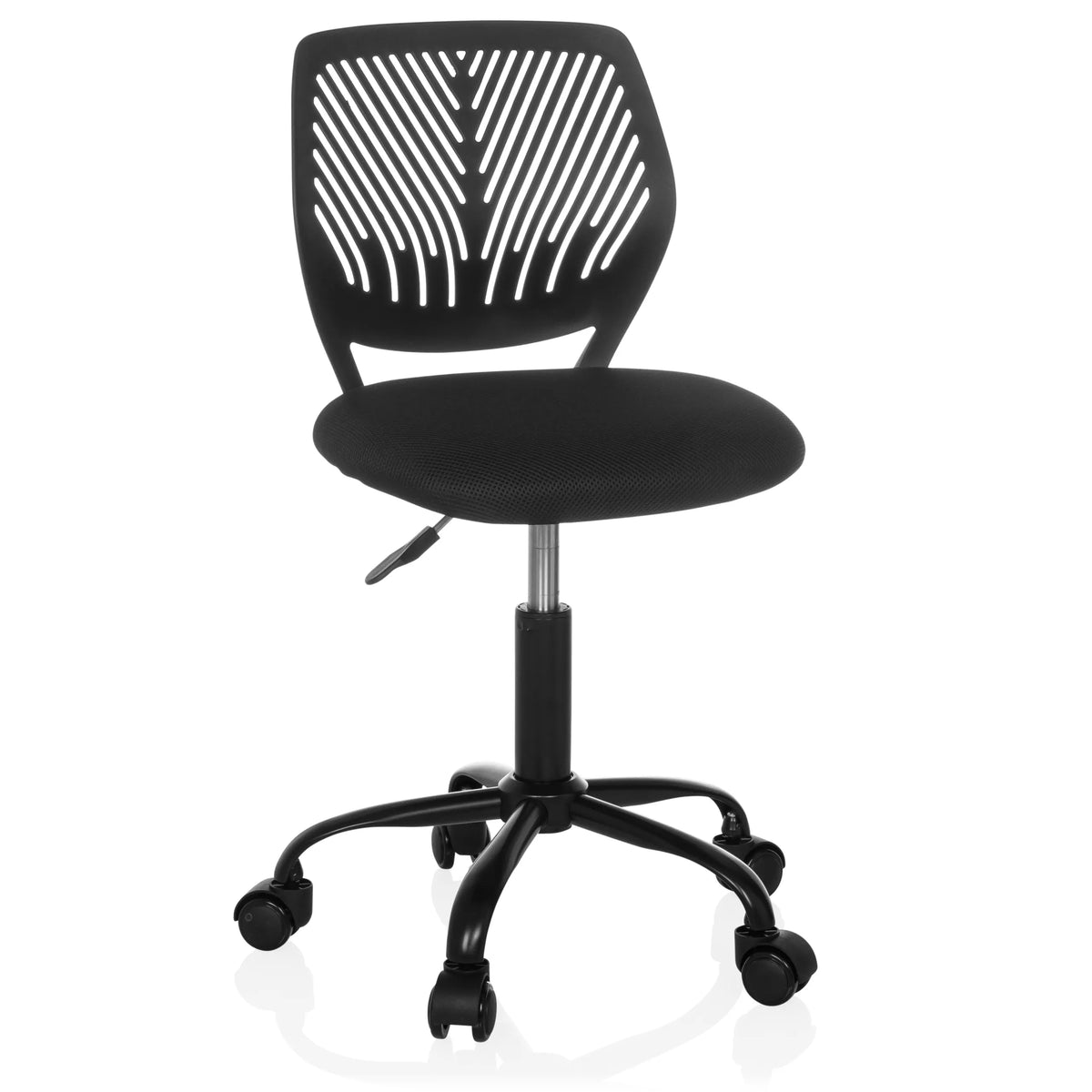 Svart Snurrstol för barn KID QB med nätrygg och femhjulig fotkorsbas från hjh OFFICE – 360-gradersvy (framifrån 15°)