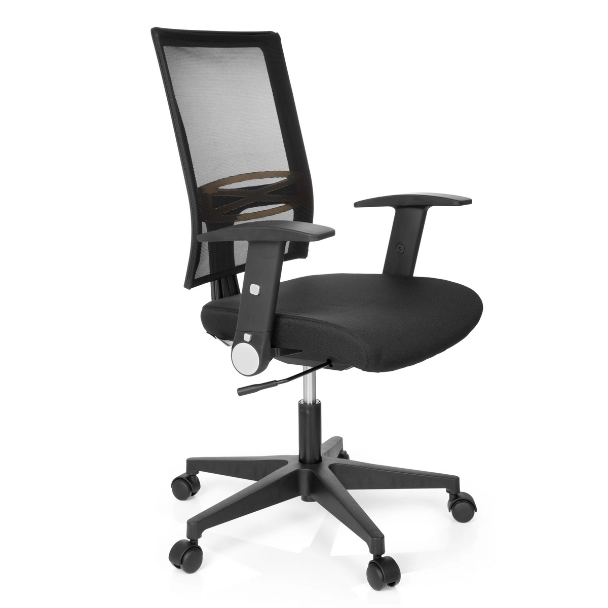 Svart Home Office kontorsstol OFFICE R8 med nätrygg och femhjulig fotkorsbas från hjh OFFICE – 360-gradersvy (snett framifrån 60°)