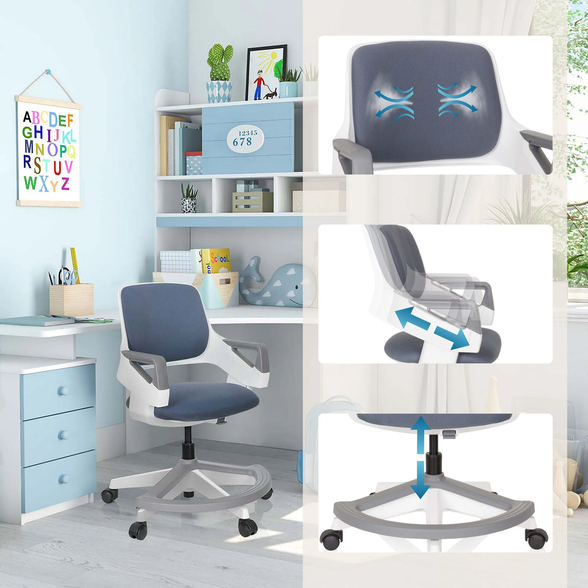 Snurrstol för barn KID FLEX i blågrå med andningsbart ryggstöd och höjdjustering från hjh OFFICE