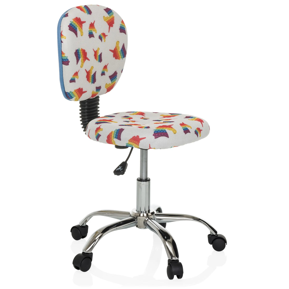 Snurrstol för barn KID BUBBLE med färgglatt regnbågsmotiv och femhjulig fotkorsbas från hjh OFFICE – 360-gradersvy (snett framifrån 60°)