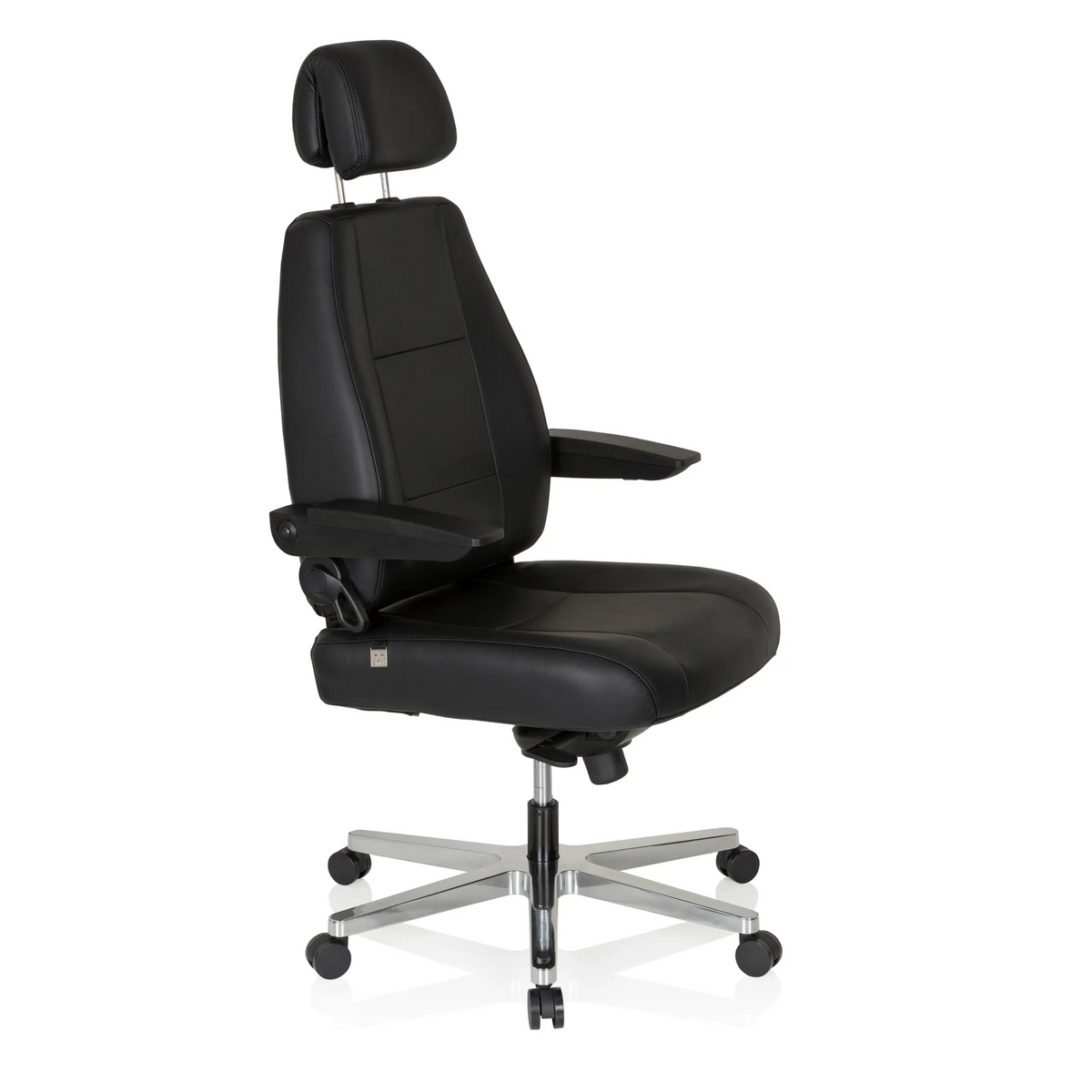 Svart XXL snurrstol 24 HOURS i läder med nackstöd och femhjulig fotkorsbas från hjh OFFICE – 360-gradersvy (snett framifrån 60°)