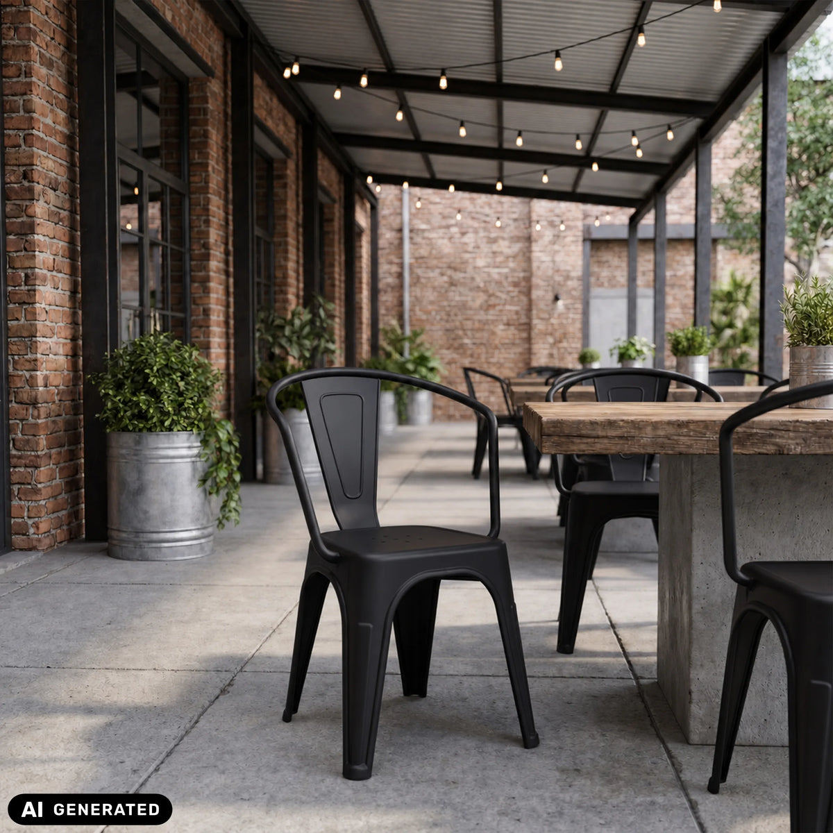Svarta Vantaggio Poly bistrostolar vid ett träbord utomhus från hjh OFFICE (AI-genererad bild)