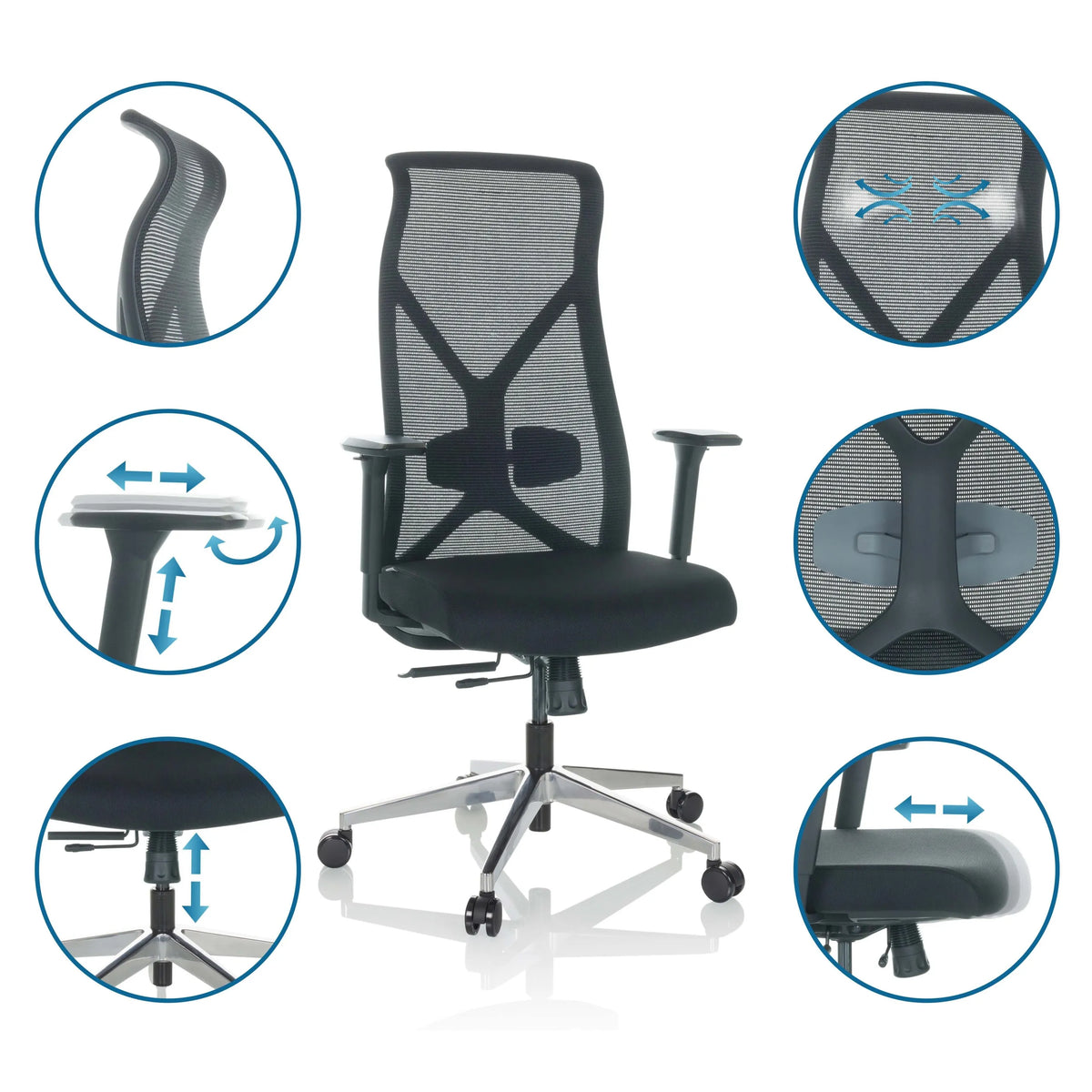 Professionell kontorsstol AZURRO B i svart med olika detaljvyer av inställningsmöjligheterna från hjh OFFICE