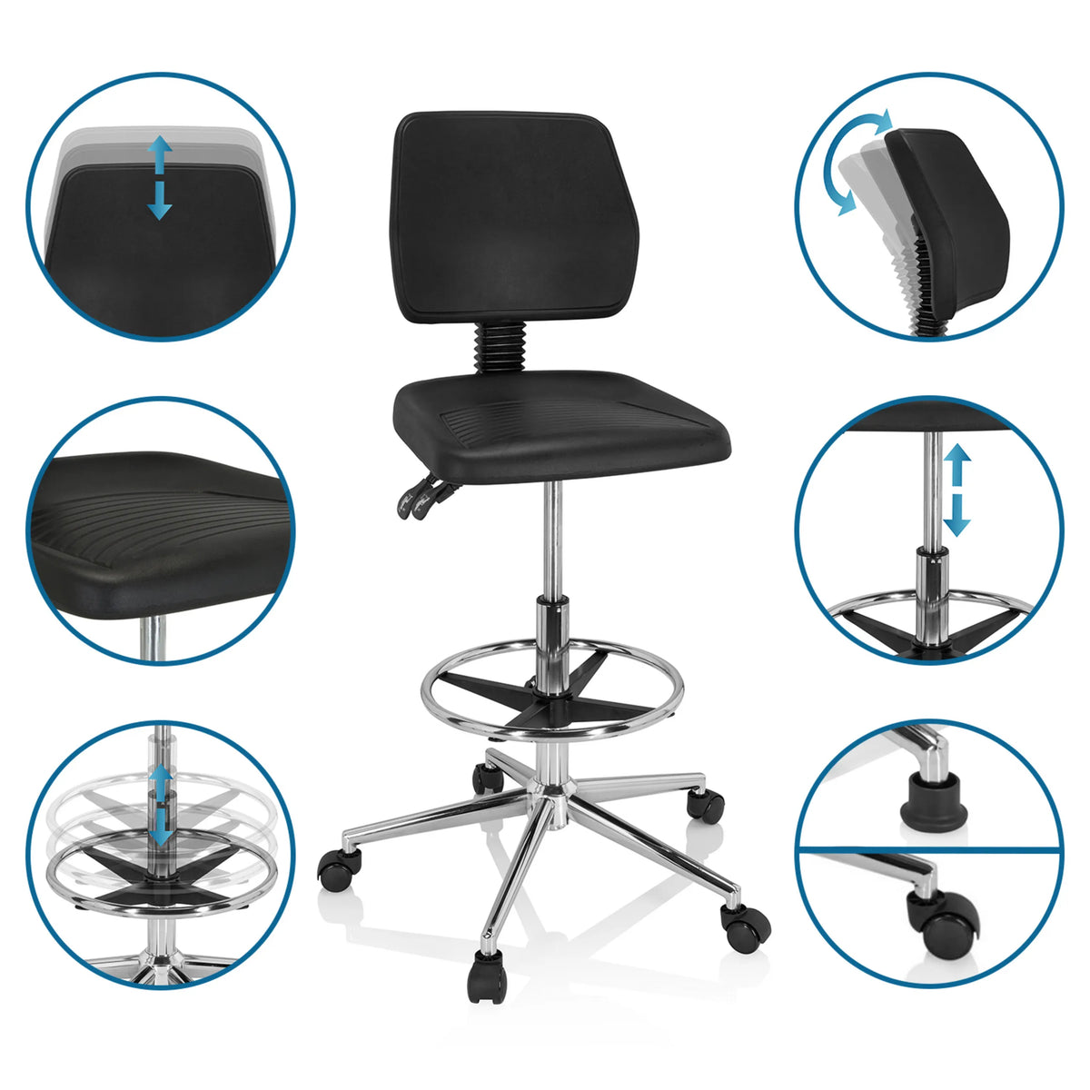 Justerbara funktioner hos TOP WORK 11 I bardiskstol i svart med fotring och hjul från hjh OFFICE