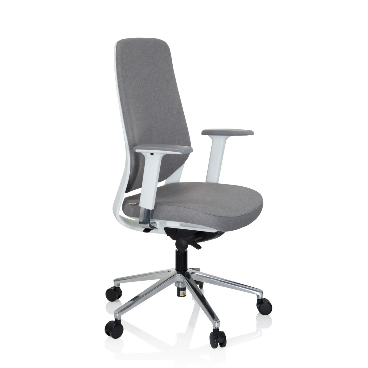 Grå Professionell kontorsstol CHIARO T4 WHITE med armstöd och en femstjärnig fotkorsbas med hjul från hjh OFFICE – 360-gradersvy (snett framifrån 60°)