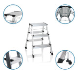 Fällbar stege i aluminium SOLID IV med tre steg, halkfria fötter och hjul från hjh OFFICE