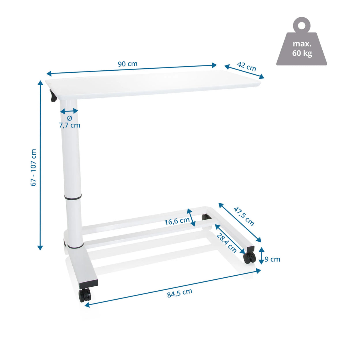 Teknisk ritning av Ståskrivbord STAND II med en arbetsyta på 90 × 42 cm från hjh OFFICE