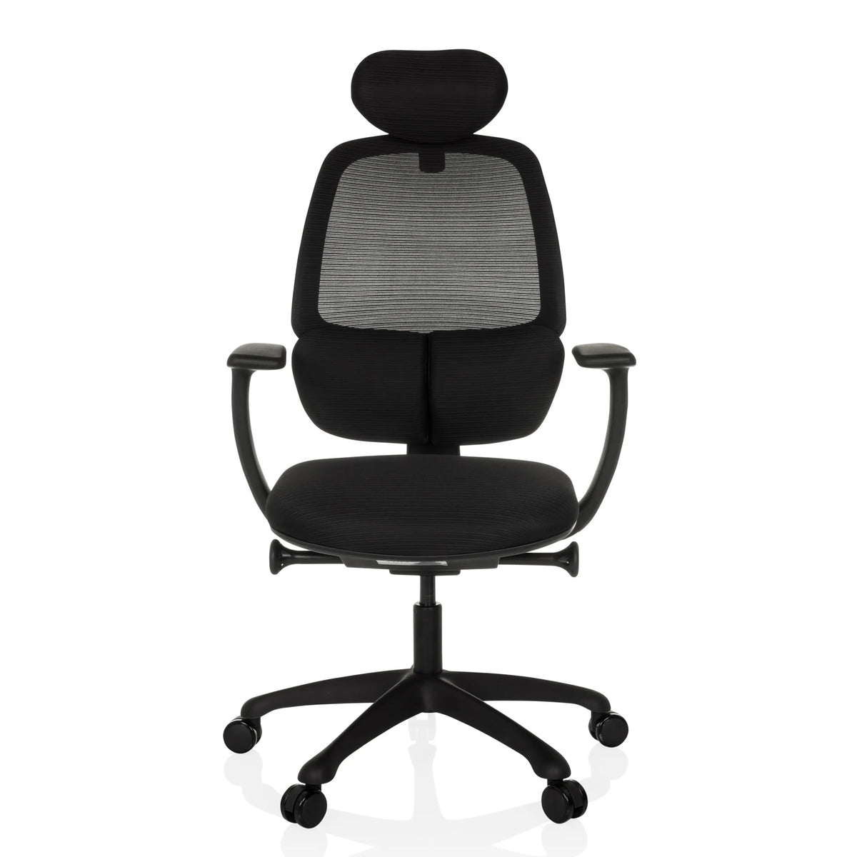 Svart Professionell kontorsstol RI-COVER med nätrygg, nackstöd och femhjulig fotkorsbas från hjh OFFICE – 360-gradersvy (framifrån 0°)