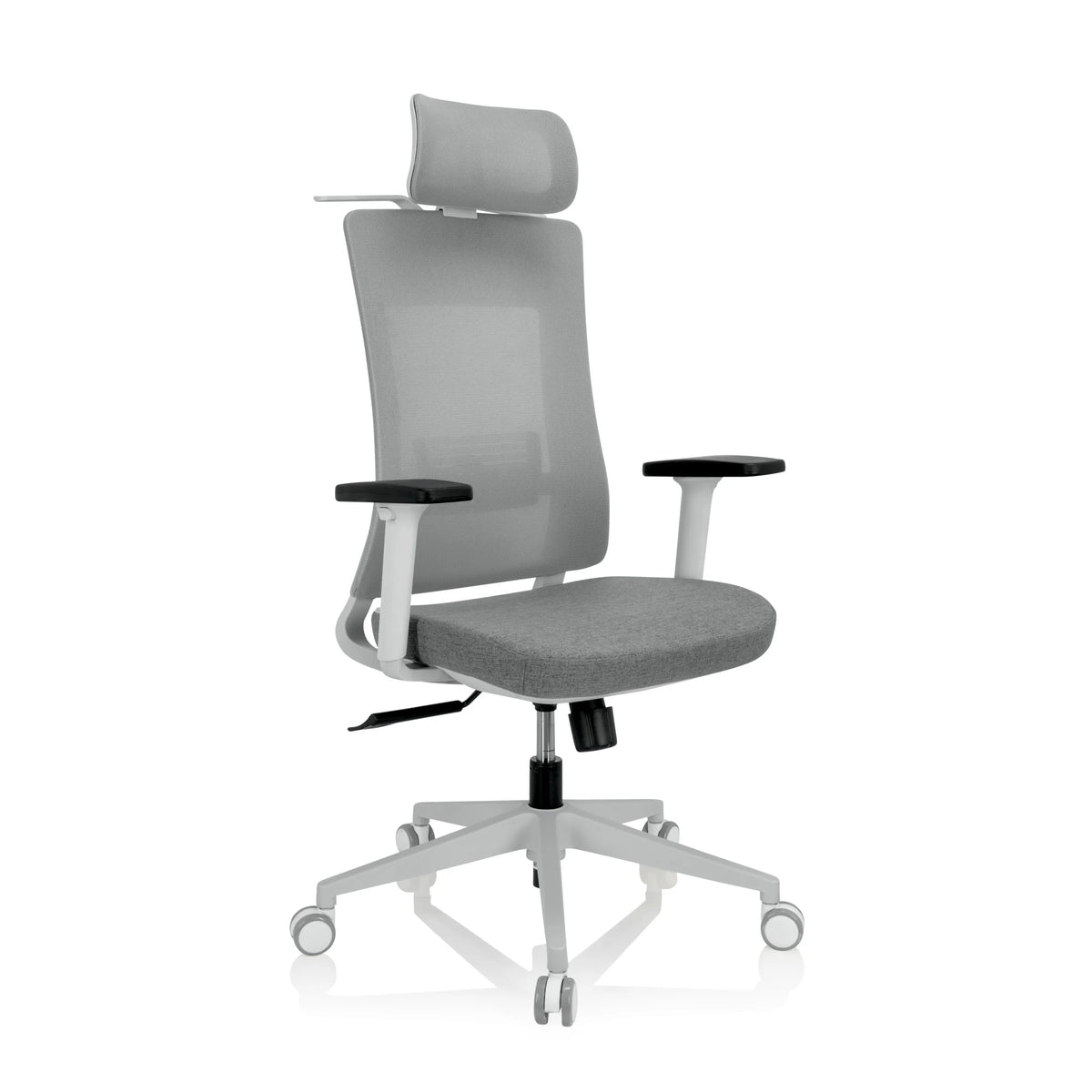 Grå Professionell kontorsstol COMFIO WMH med nätrygg, nackstöd och femhjulig fotkorsbas från hjh OFFICE – 360-gradersvy (snett framifrån 40°)