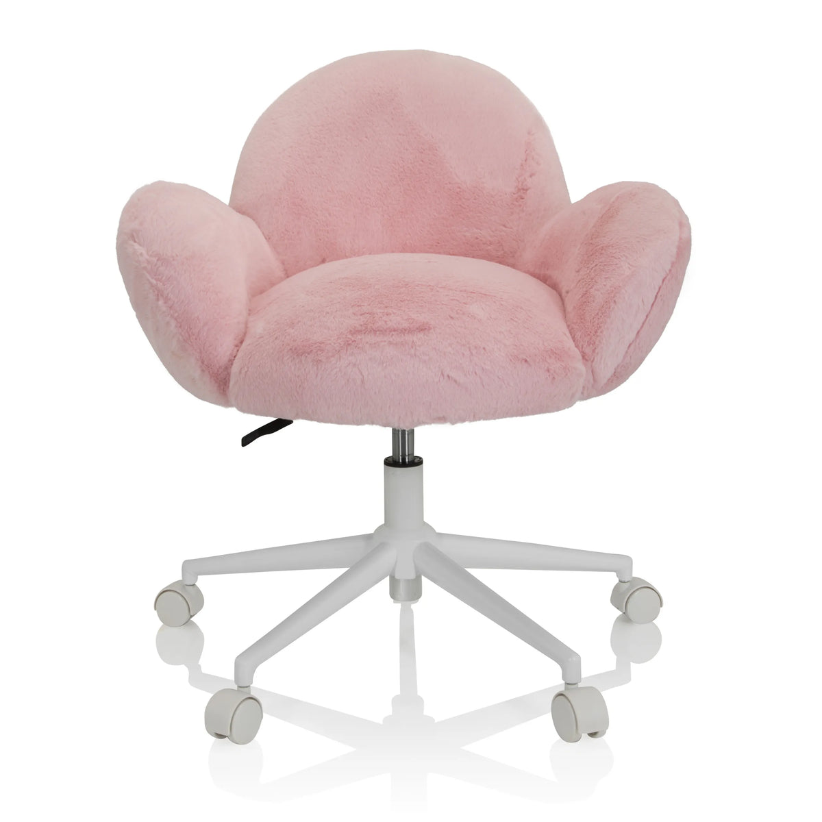 Rosa Snurrstol för barn KID TEDDY med fluffigt överdrag och vitt femstjärnigt underrede med hjul från hjh OFFICE – 360-gradersvy (framifrån 0°)
