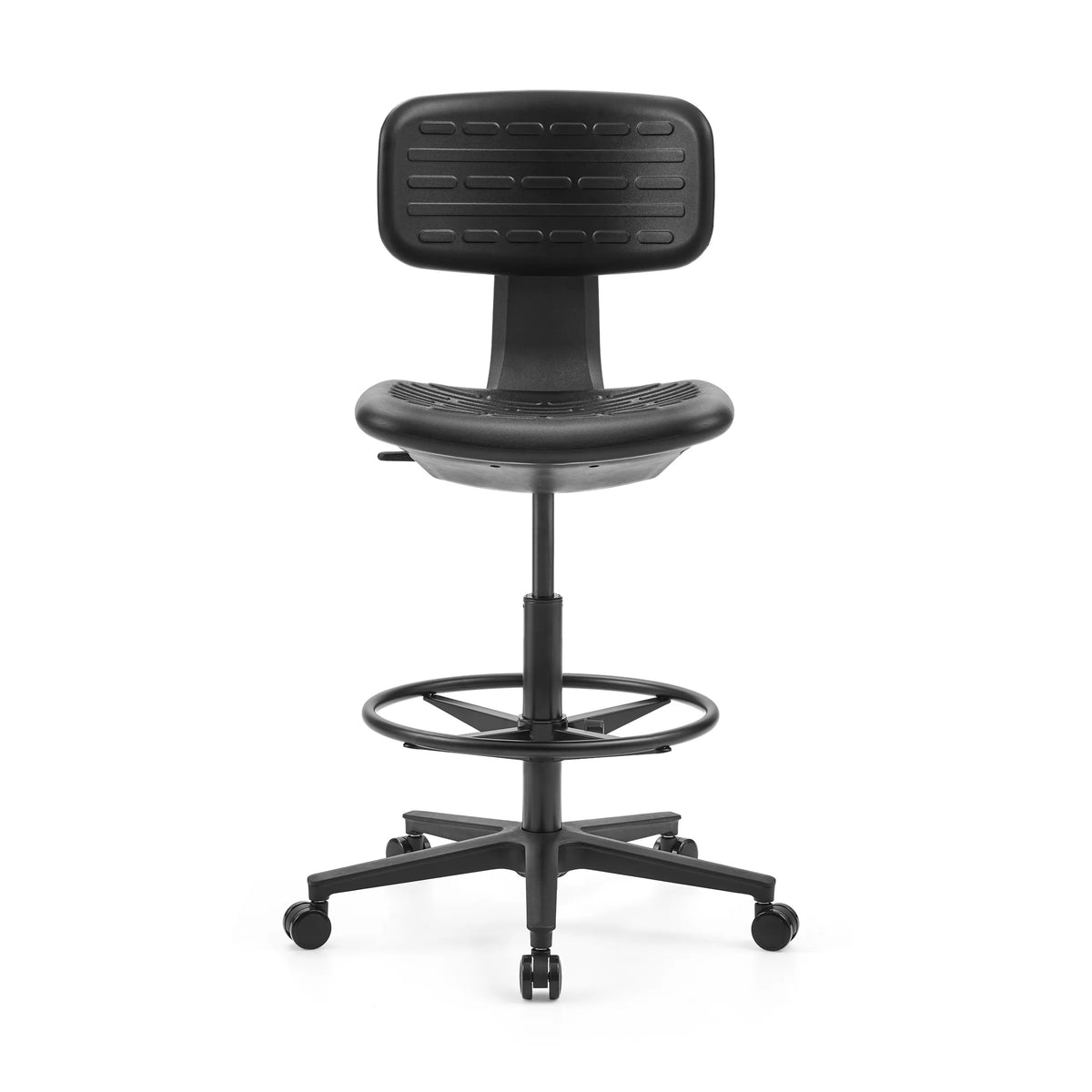 Svart bardiskstol TOP WORK B med fotring och femstjärnig fotkorsbas med hjul från hjh OFFICE – 360-gradersvy (framifrån 0°)