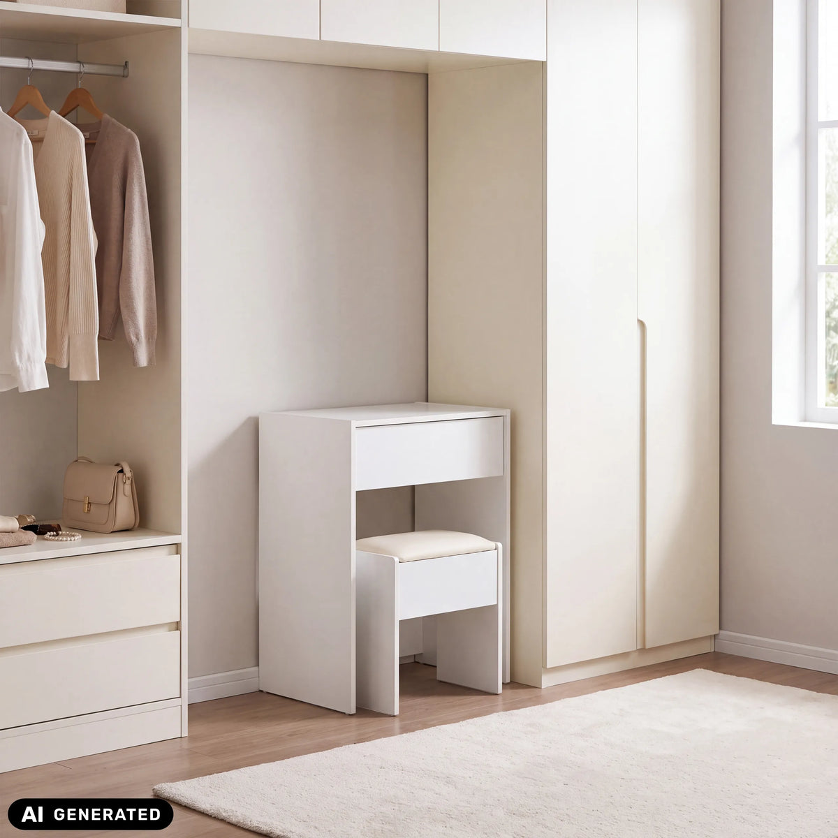 Vitt Glamdesk sminkbord med pall i en garderobsnisch från hjh LIVING (AI-genererad bild)