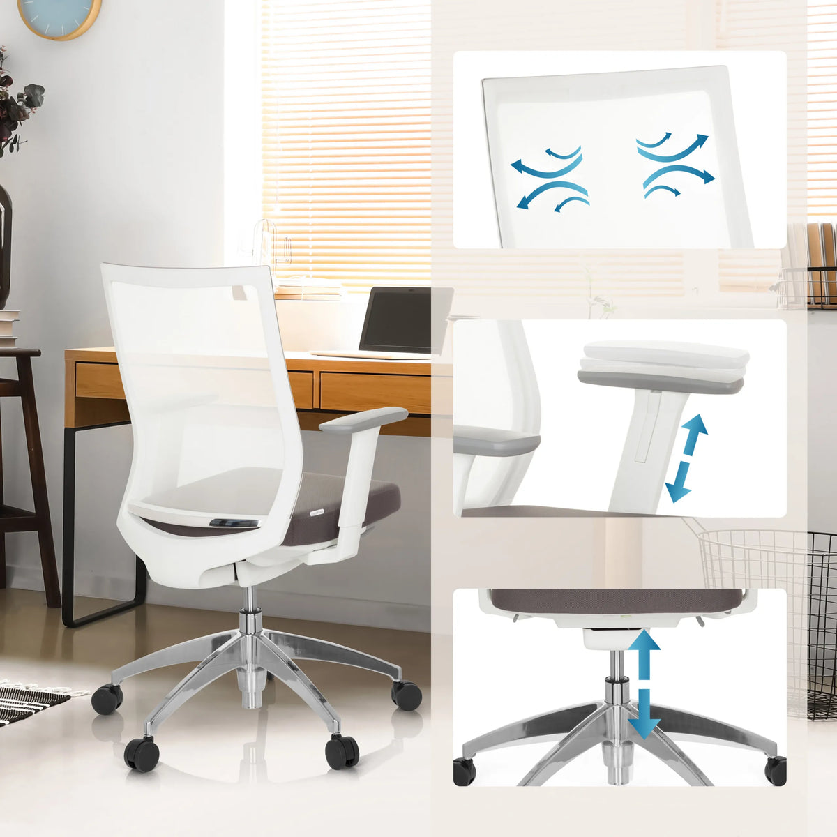 Andningsbart ryggstöd, höjjusterbara armstöd och gasfjäder på Professionell kontorsstol ASPEN WHITE från hjh OFFICE