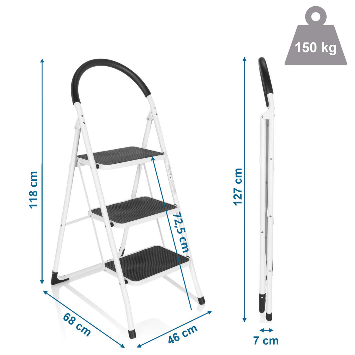 Måttvy av Fällbar stege SOLID W2 med en höjd på 118 cm och en bärkapacitet på 150 kg från hjh OFFICE